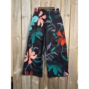 THE KIT. Floral Wide Leg Pants Black Teal Orange Organic Cotton Stretch Size 8